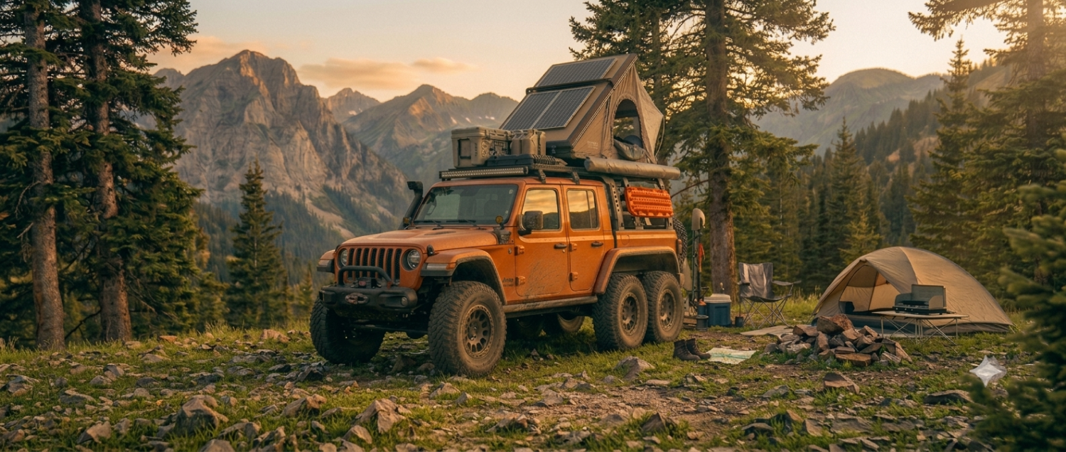 Orange off-road vehicle with a camper shell parked in a mountainous forest at sunset.